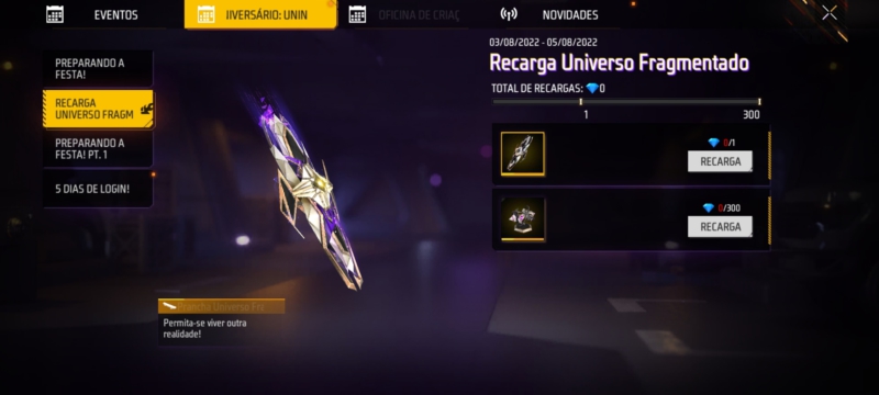 Recarga Free Fire: 3 de agosto (2022); recompensa Universo