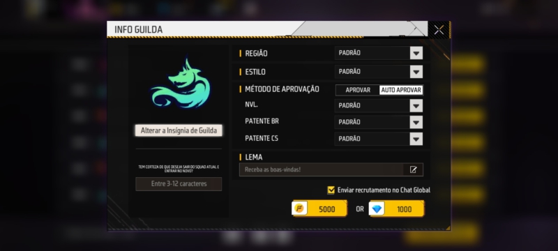 Passo a passo mostra como criar guilda e escolher o nome no Free Fire
