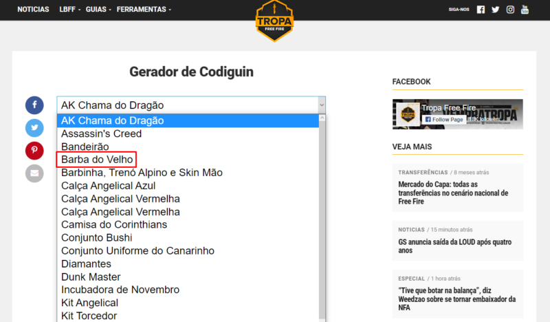 Gerador de codiguin Free Fire: Calça Angelical, Incubadora e