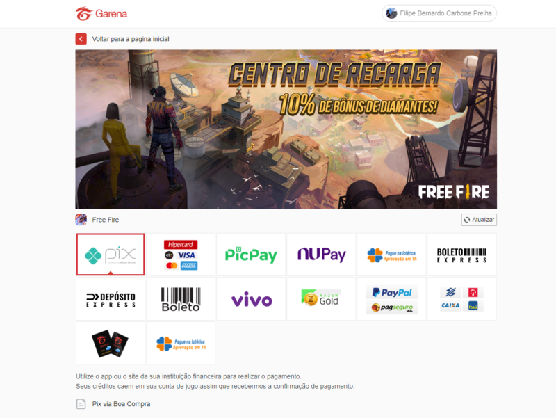 Recarga de Free Fire com Pix no Recarga Jogo: Rápido, fácil e seguro