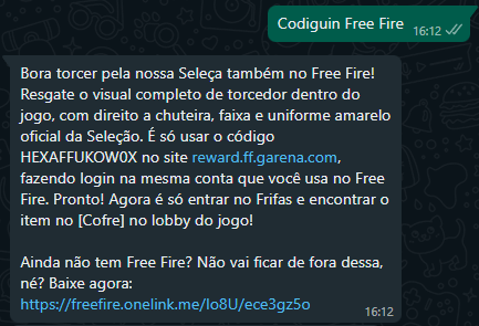 CODIGUIN FF: Garena disponibiliza WhatsApp com código Free Fire